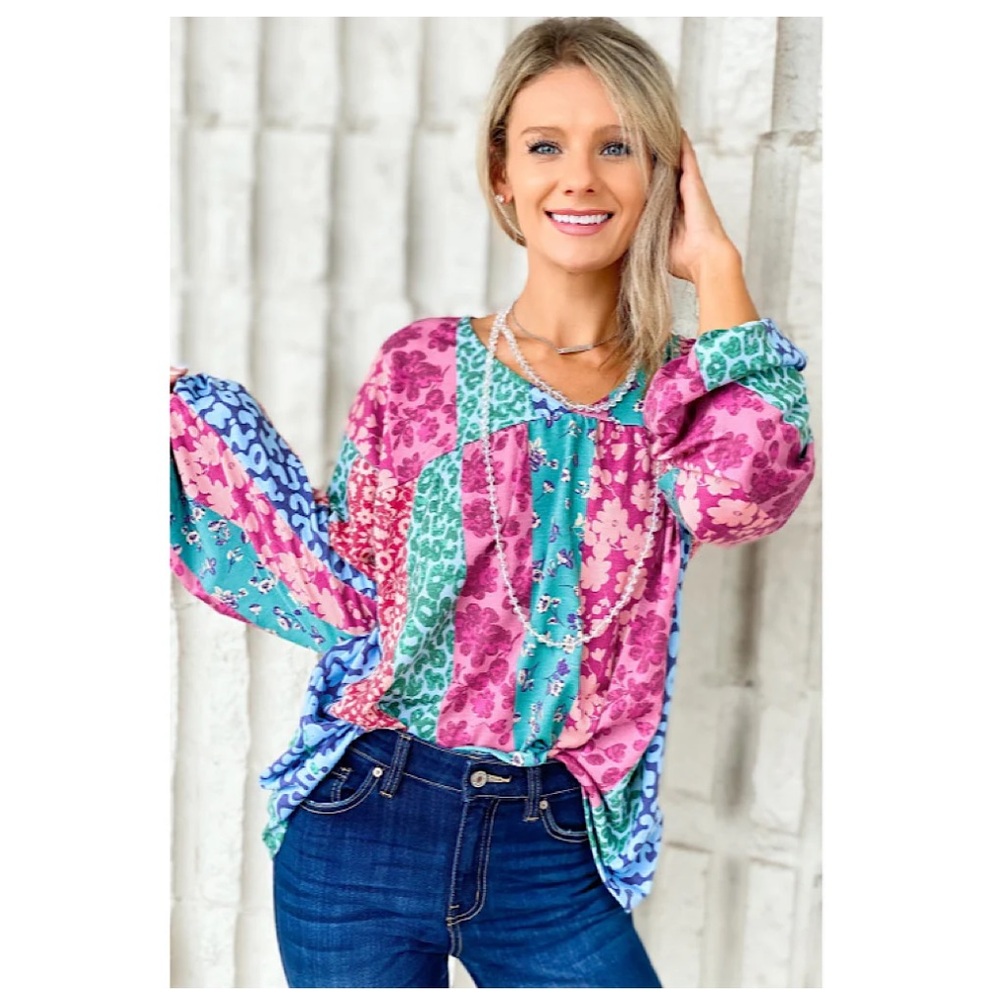 BiBi Pink Teal Floral Patchwork V-Neck Blouse